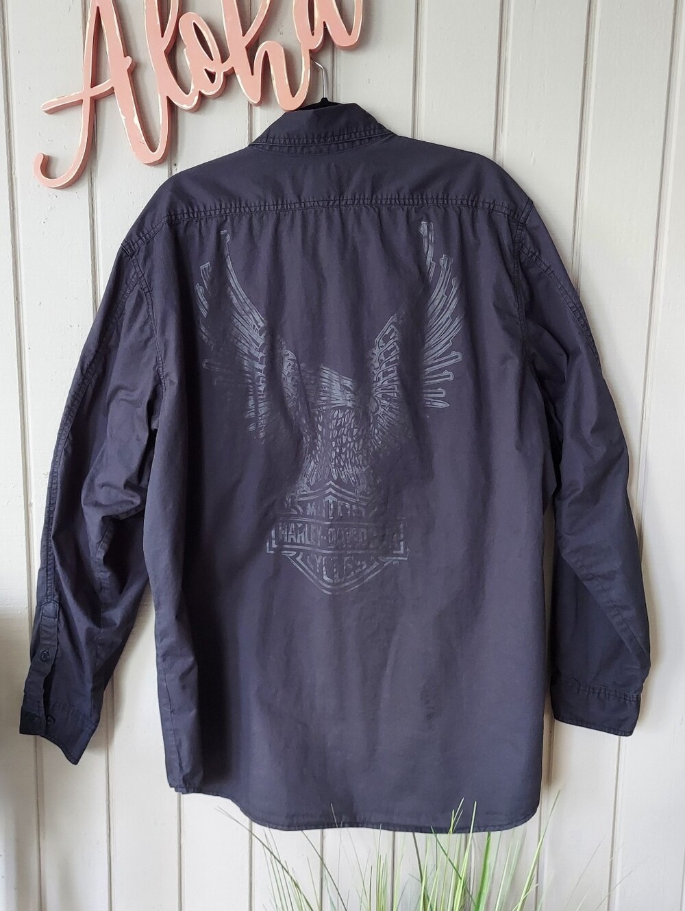 Harley Davidson Black Long Sleeve Utility Button Down Eagle Back Shirt Men's 2XL